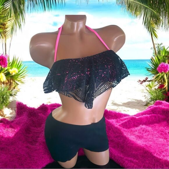 YMI Swimwear l Bikini Suit Top l Black Ruffle w/ Hot Pink Accents l M l EUC - Picture 1 of 10